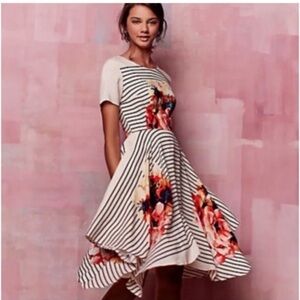 Anthropologie Striped High-Low Dress with Coral Floral Accents